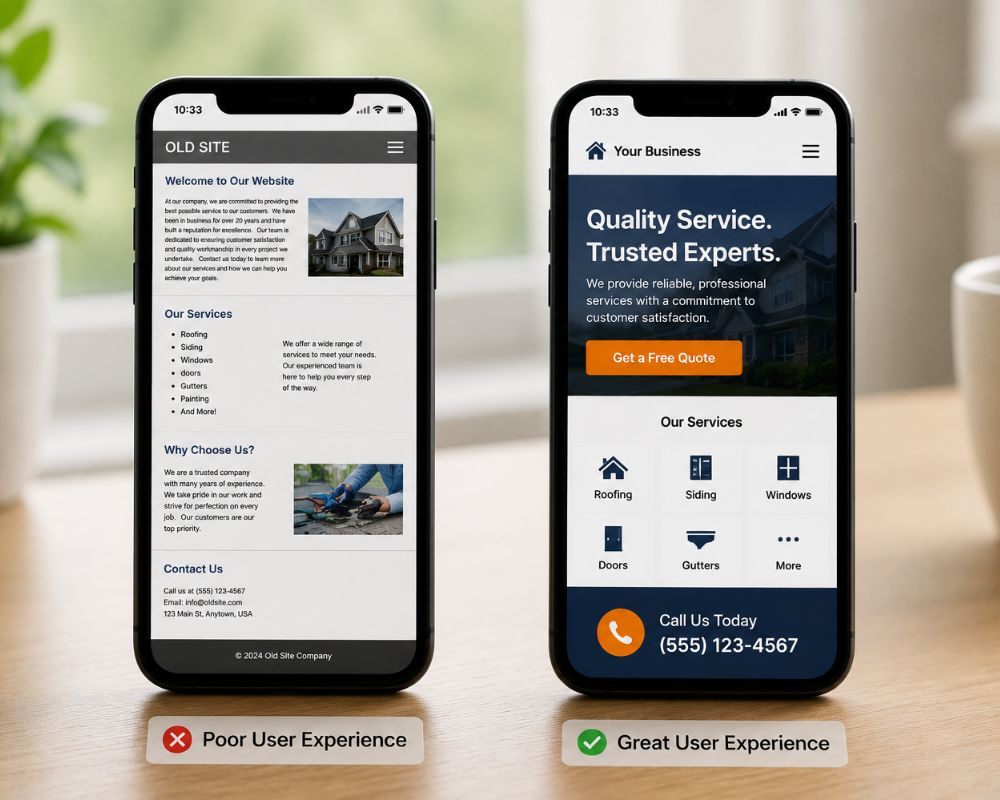 A smartphone displaying a poorly formatted website with tiny text and broken mobile layout beside another phone showing a clean mobile-friendly website