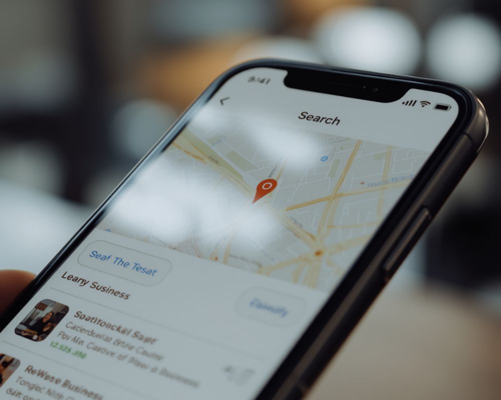A smartphone screen showing a local search result with a map listing and nearby business results