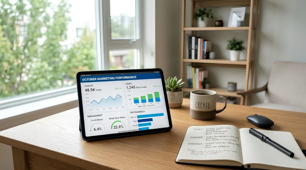 A bright, modern workspace with a desk featuring a tablet displaying a marketing dashboard (traffic, leads, engagement), alongside a notebook with neatly written headings like “Goals,” “Audience,” and “Strategy”