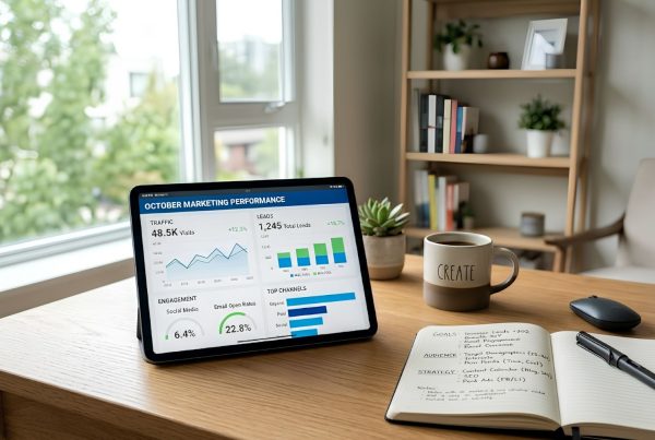 A bright, modern workspace with a desk featuring a tablet displaying a marketing dashboard (traffic, leads, engagement), alongside a notebook with neatly written headings like “Goals,” “Audience,” and “Strategy”
