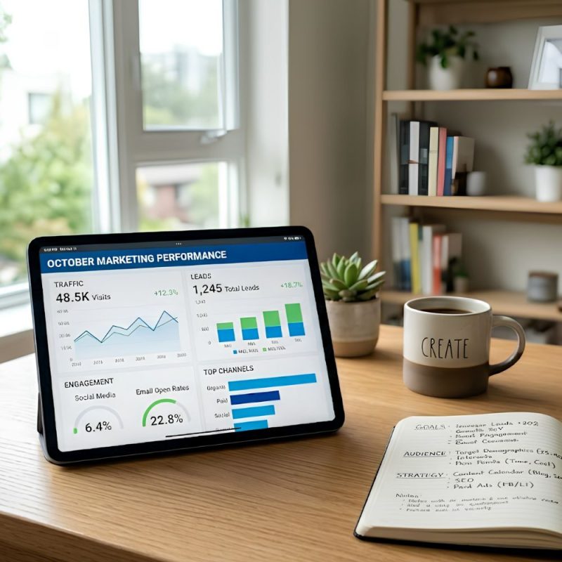 A bright, modern workspace with a desk featuring a tablet displaying a marketing dashboard (traffic, leads, engagement), alongside a notebook with neatly written headings like “Goals,” “Audience,” and “Strategy”