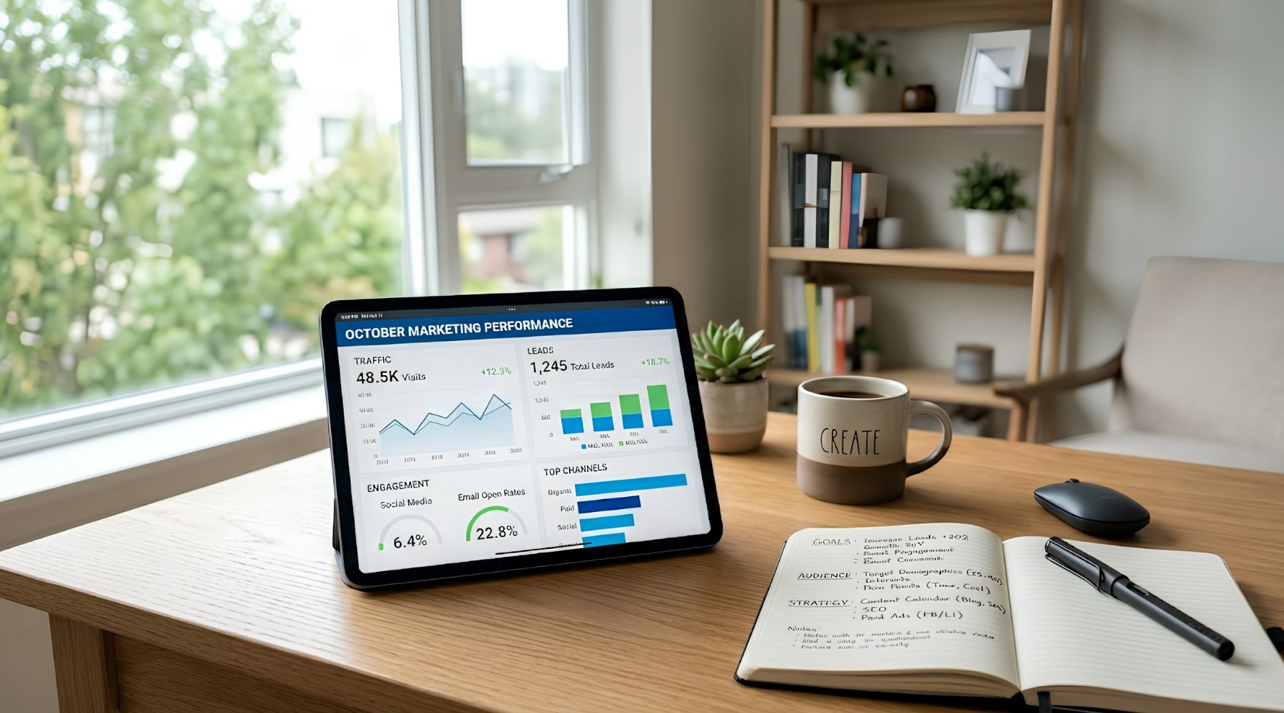 A bright, modern workspace with a desk featuring a tablet displaying a marketing dashboard (traffic, leads, engagement), alongside a notebook with neatly written headings like “Goals,” “Audience,” and “Strategy”