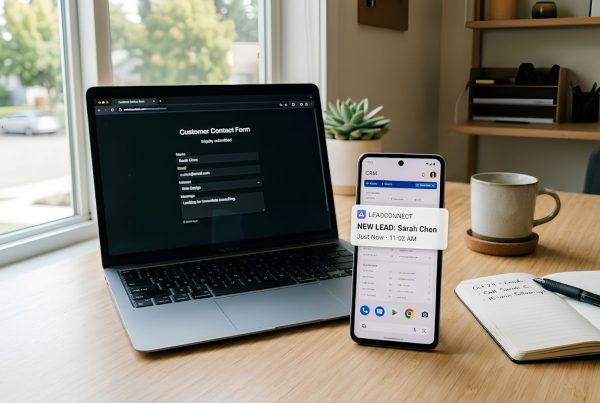 A smartphone showing a new lead notification on a CRM app, next to a laptop displaying a simple inquiry form submission screen