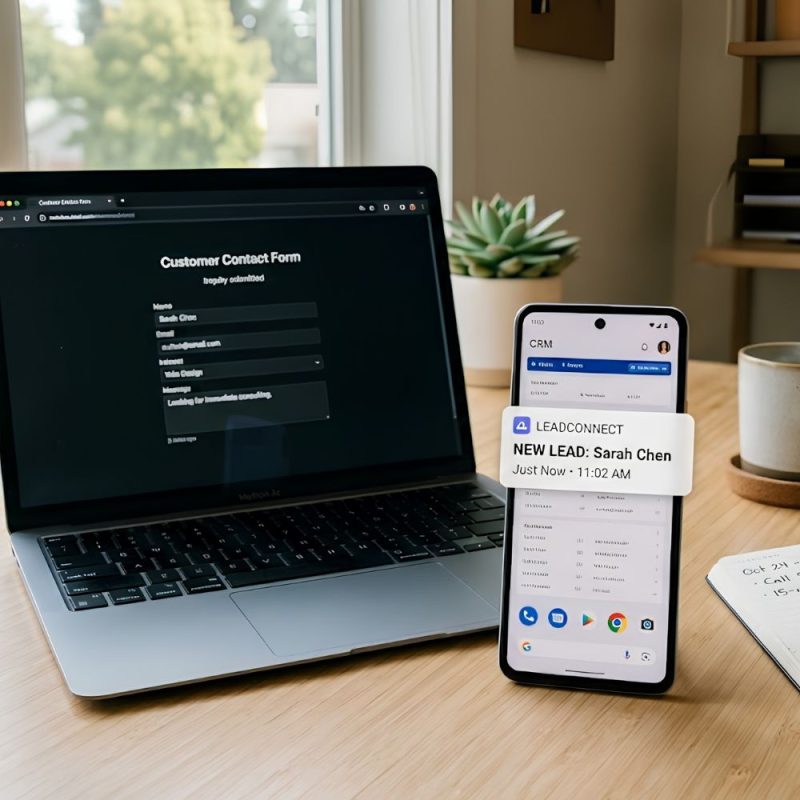 A smartphone showing a new lead notification on a CRM app, next to a laptop displaying a simple inquiry form submission screen