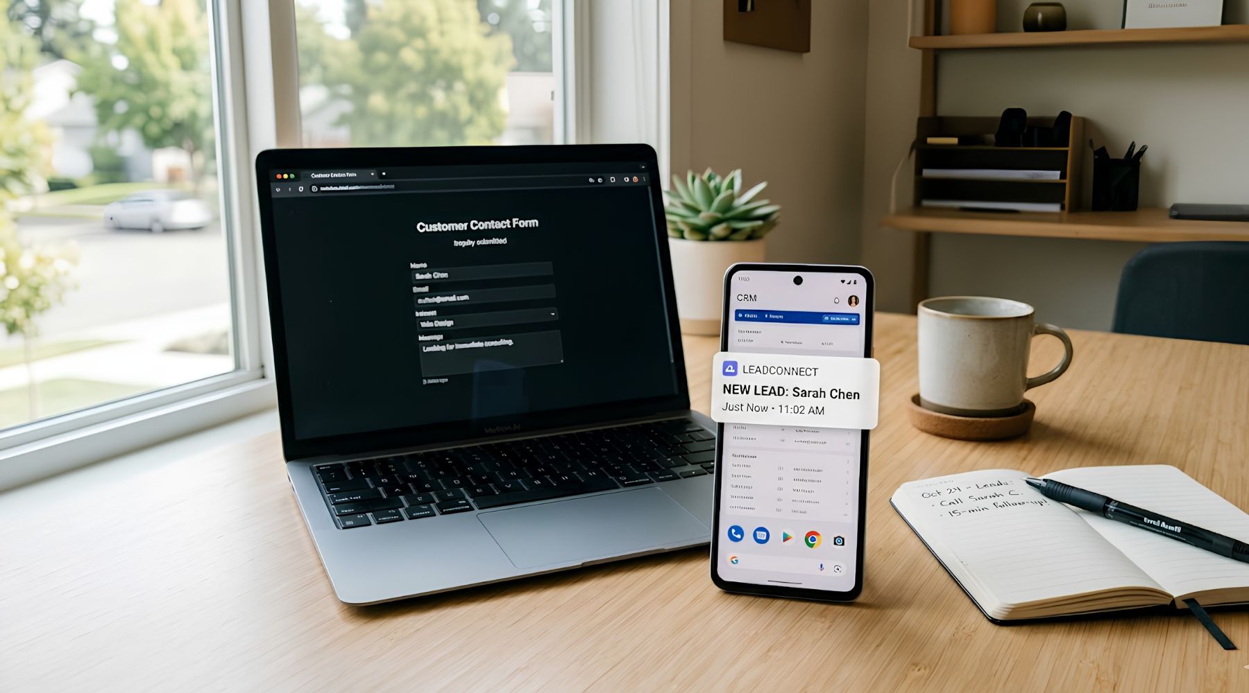 A smartphone showing a new lead notification on a CRM app, next to a laptop displaying a simple inquiry form submission screen
