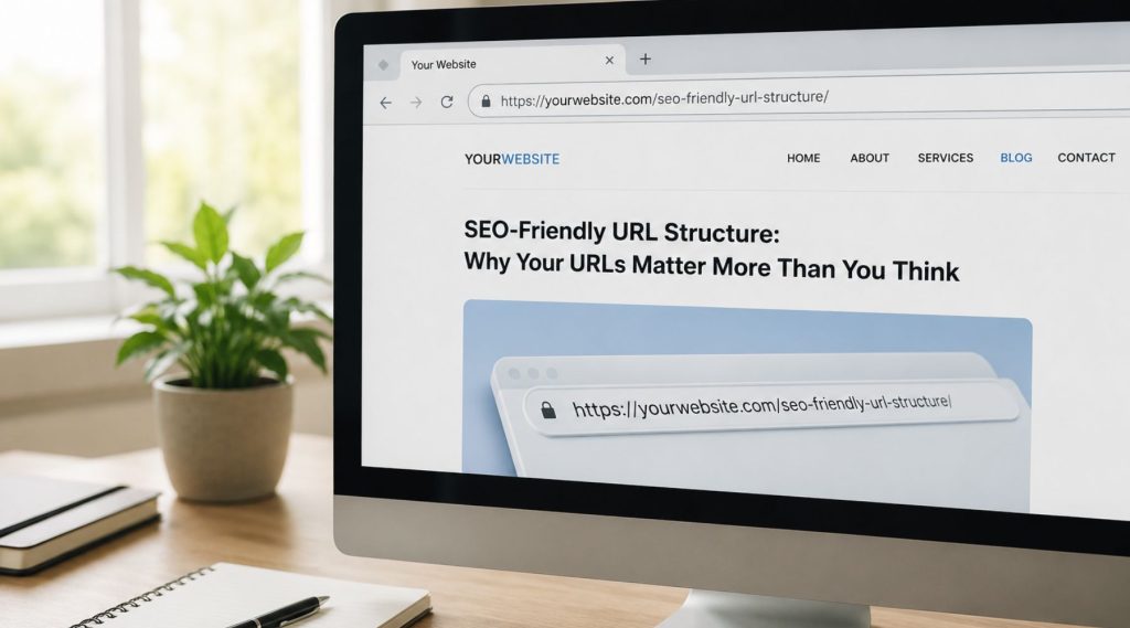 A clean desktop workspace with a browser window open showing a simple, readable URL slug in the address bar