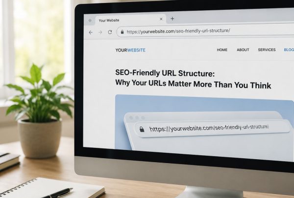 A clean desktop workspace with a browser window open showing a simple, readable URL slug in the address bar