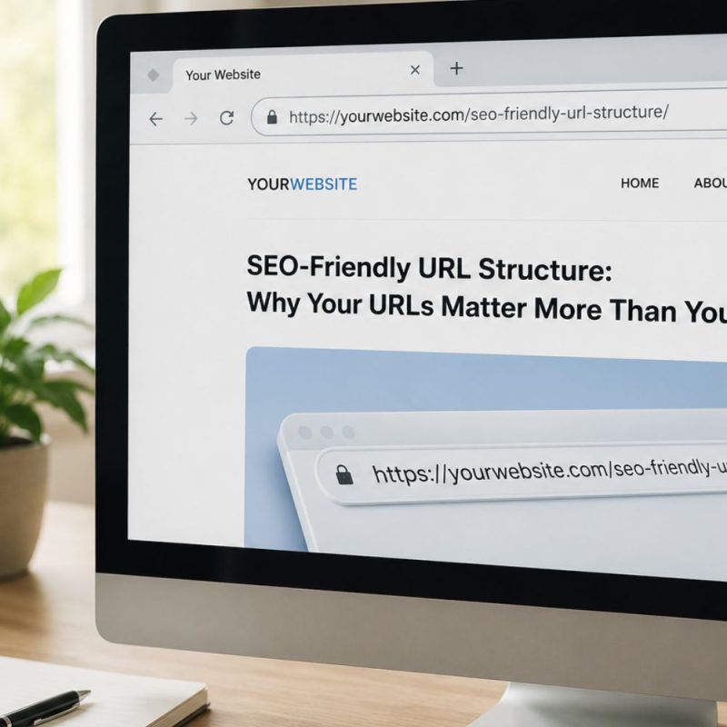 A clean desktop workspace with a browser window open showing a simple, readable URL slug in the address bar