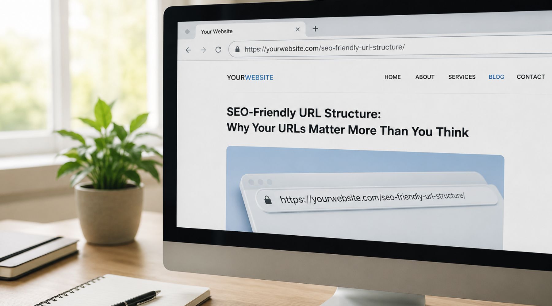 A clean desktop workspace with a browser window open showing a simple, readable URL slug in the address bar