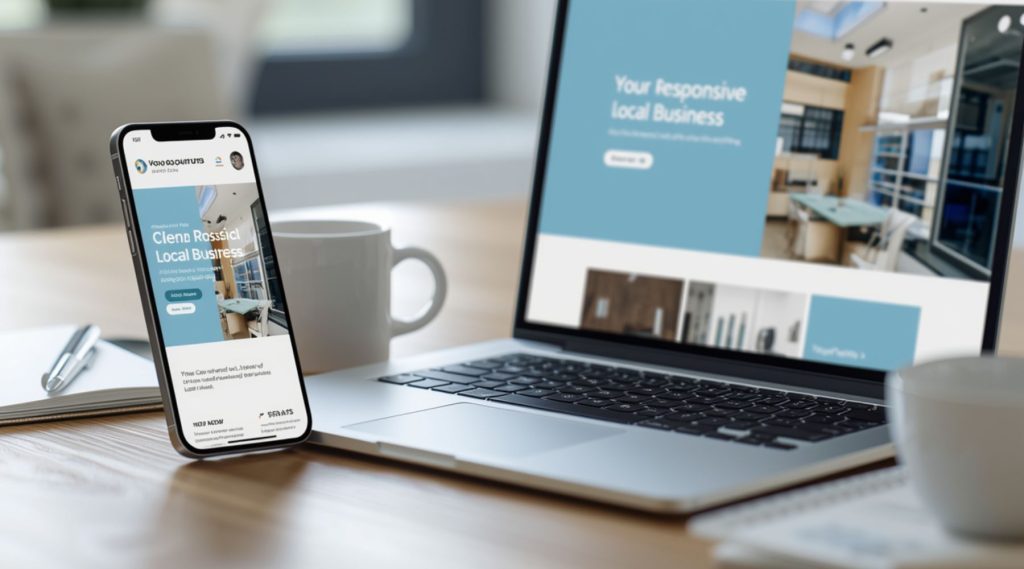 A smartphone displaying a clean local business website beside an open laptop showing the same responsive website layout
