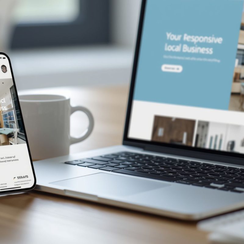 A smartphone displaying a clean local business website beside an open laptop showing the same responsive website layout