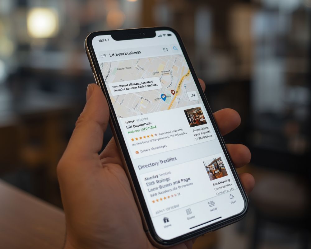 a smartphone screen showing local business search results with map listings