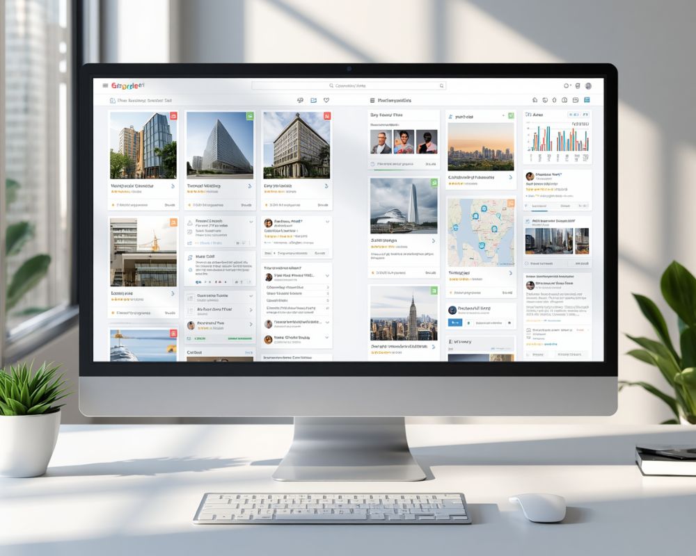 A clean desktop monitor displaying several well-known business listing dashboards