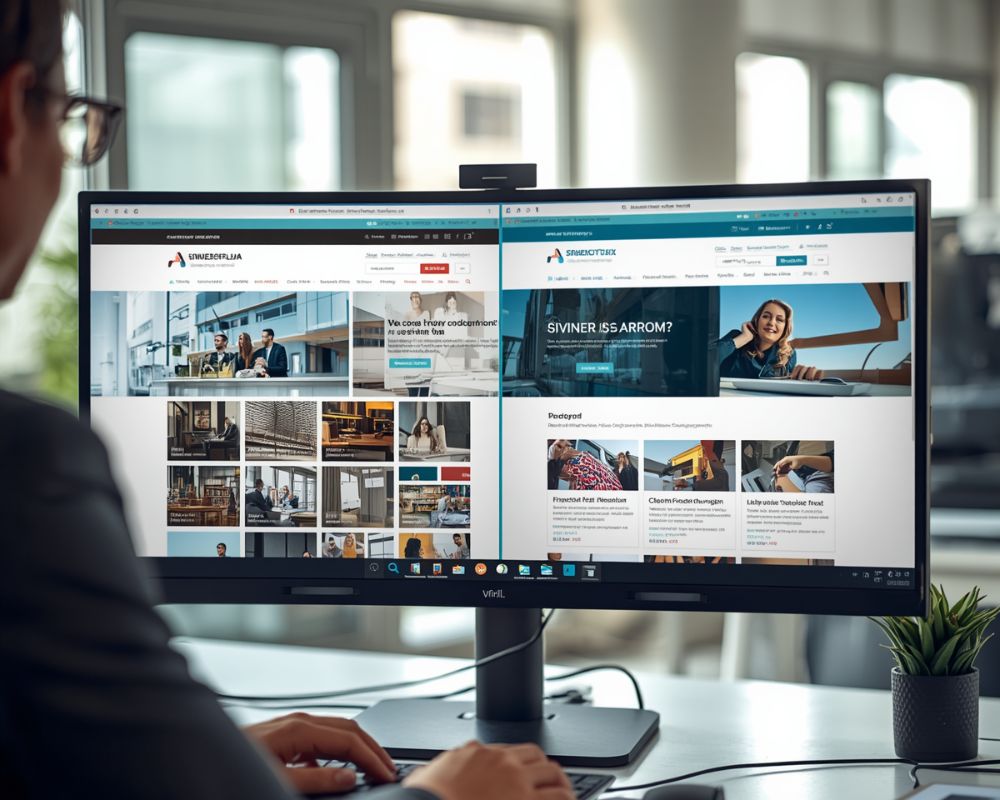 Business professional comparing two website designs on a large monitor