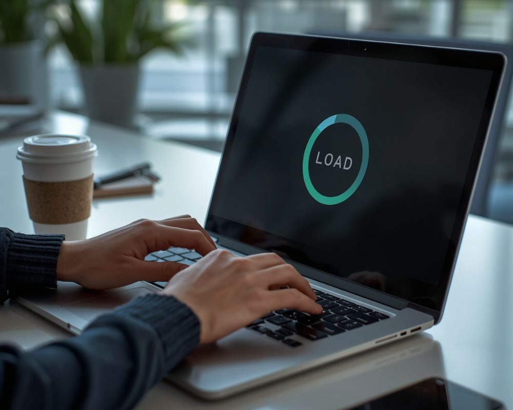 A person's hands using a laptop while waiting for a website to load