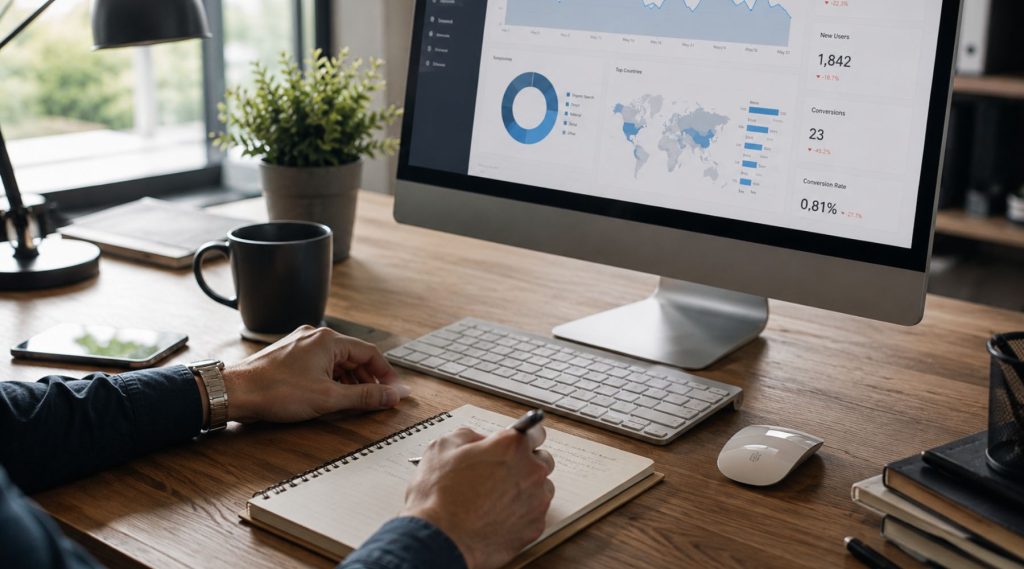 Business owner sitting at a modern desk, reviewing website analytics on a desktop monitor, website not generating leads