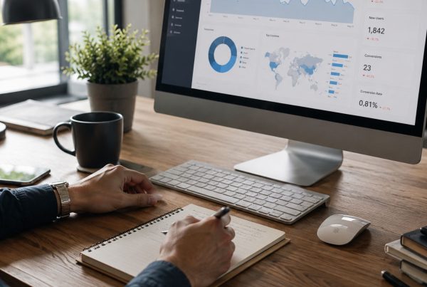 Business owner sitting at a modern desk, reviewing website analytics on a desktop monitor, website not generating leads