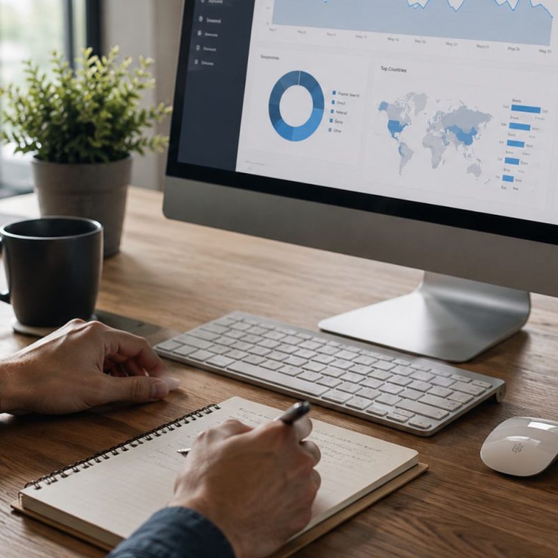 Business owner sitting at a modern desk, reviewing website analytics on a desktop monitor, website not generating leads