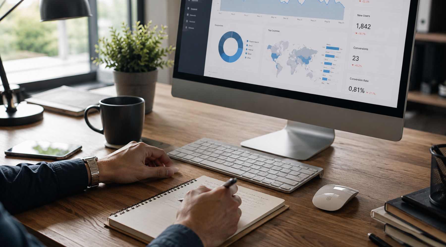 Business owner sitting at a modern desk, reviewing website analytics on a desktop monitor, website not generating leads