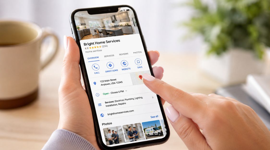 A smartphone displaying a complete business profile with clear contact information, business hours, services, and customer photos.