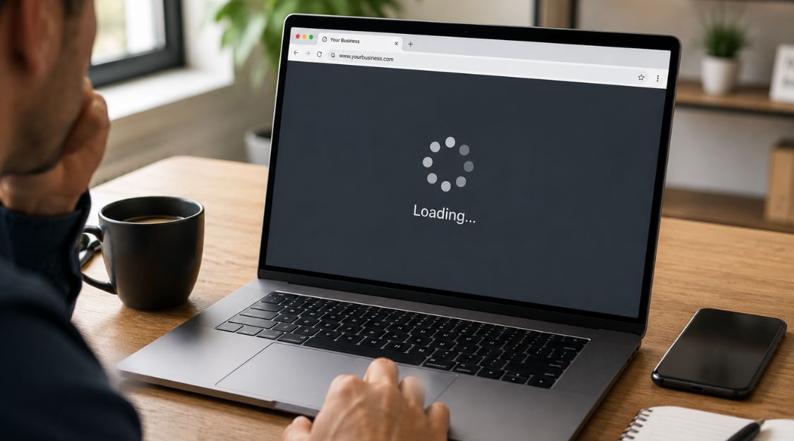 A laptop screen showing a loading spinner
