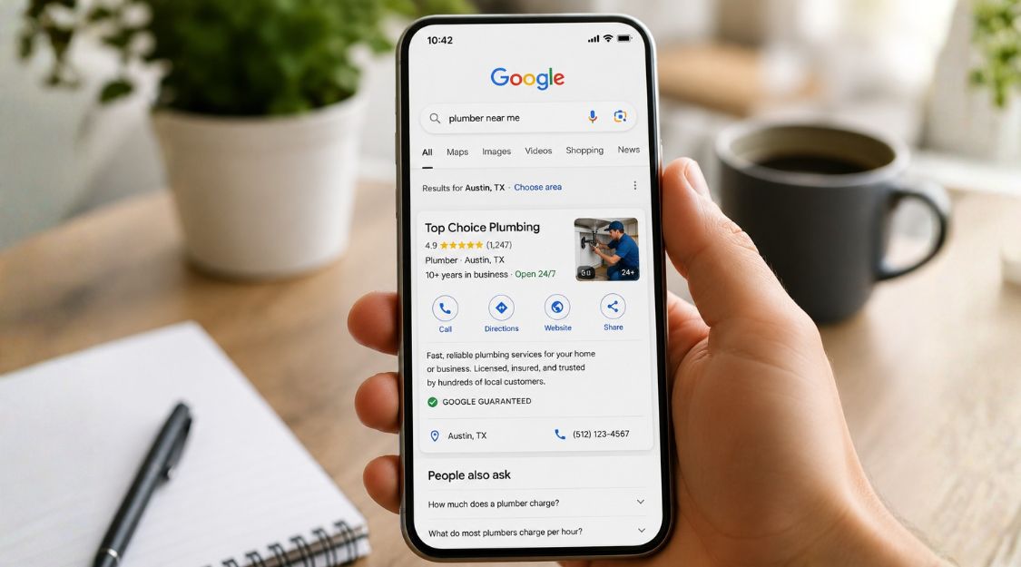 A close-up of a smartphone displaying Google search results for a local service