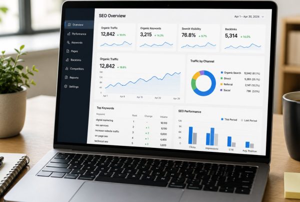 A modern laptop positioned on a clean office desk displaying a realistic SEO analytics dashboard on the screen