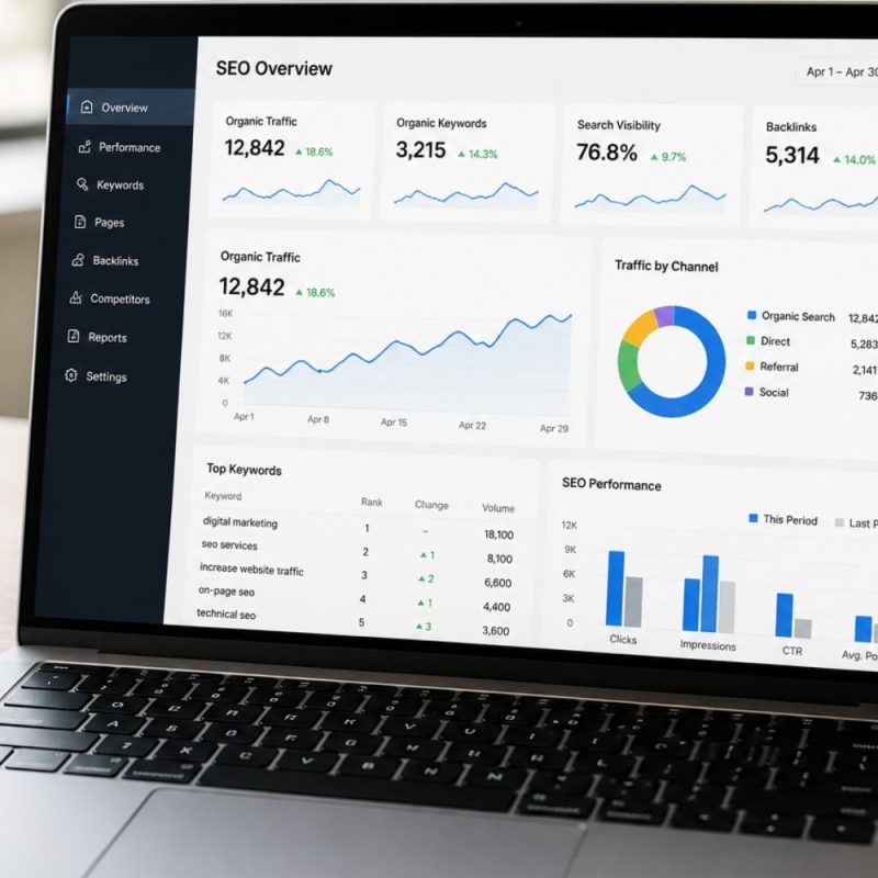 A modern laptop positioned on a clean office desk displaying a realistic SEO analytics dashboard on the screen