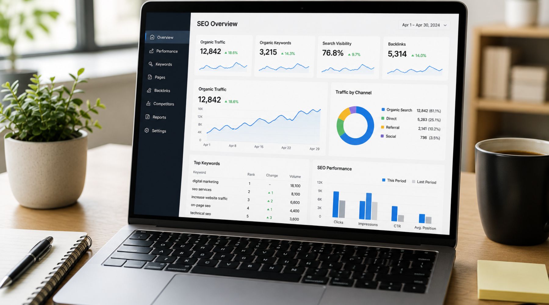 A modern laptop positioned on a clean office desk displaying a realistic SEO analytics dashboard on the screen