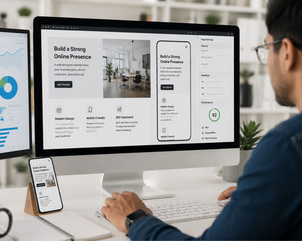 A web designer optimizing a responsive business website on a large desktop monitor, showing clean page layouts, organized headings, mobile preview, and website performance dashboard