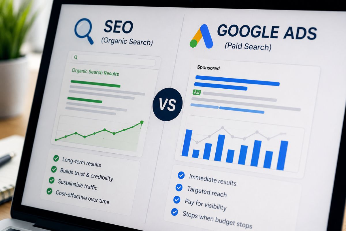 SEO vs Google Ads comparison graphic