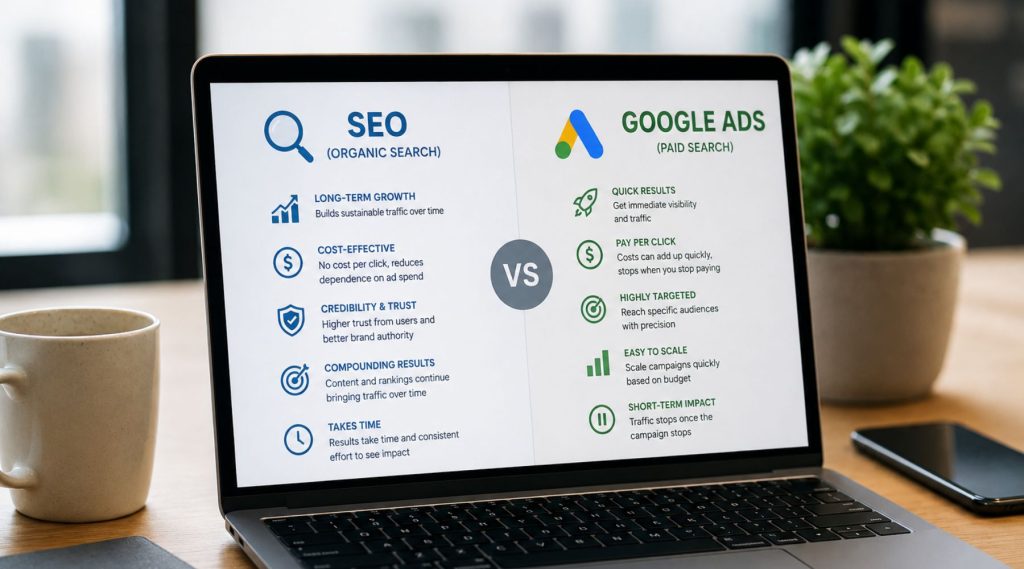 A laptop on the table, and SEO vs Google Ads on laptop screen