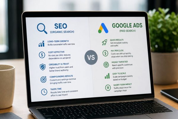 A laptop on the table, and SEO vs Google Ads on laptop screen
