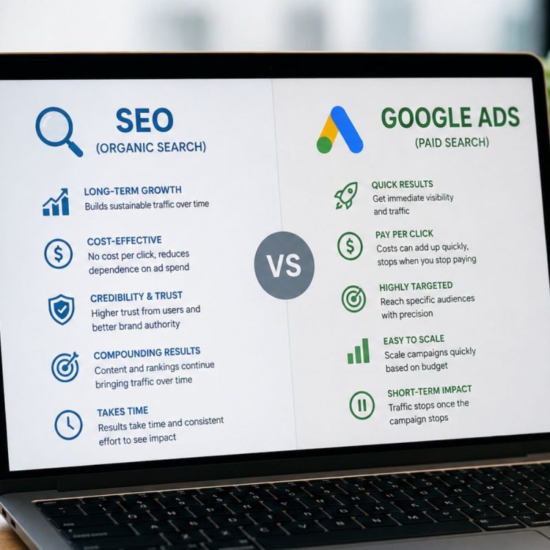 A laptop on the table, and SEO vs Google Ads on laptop screen