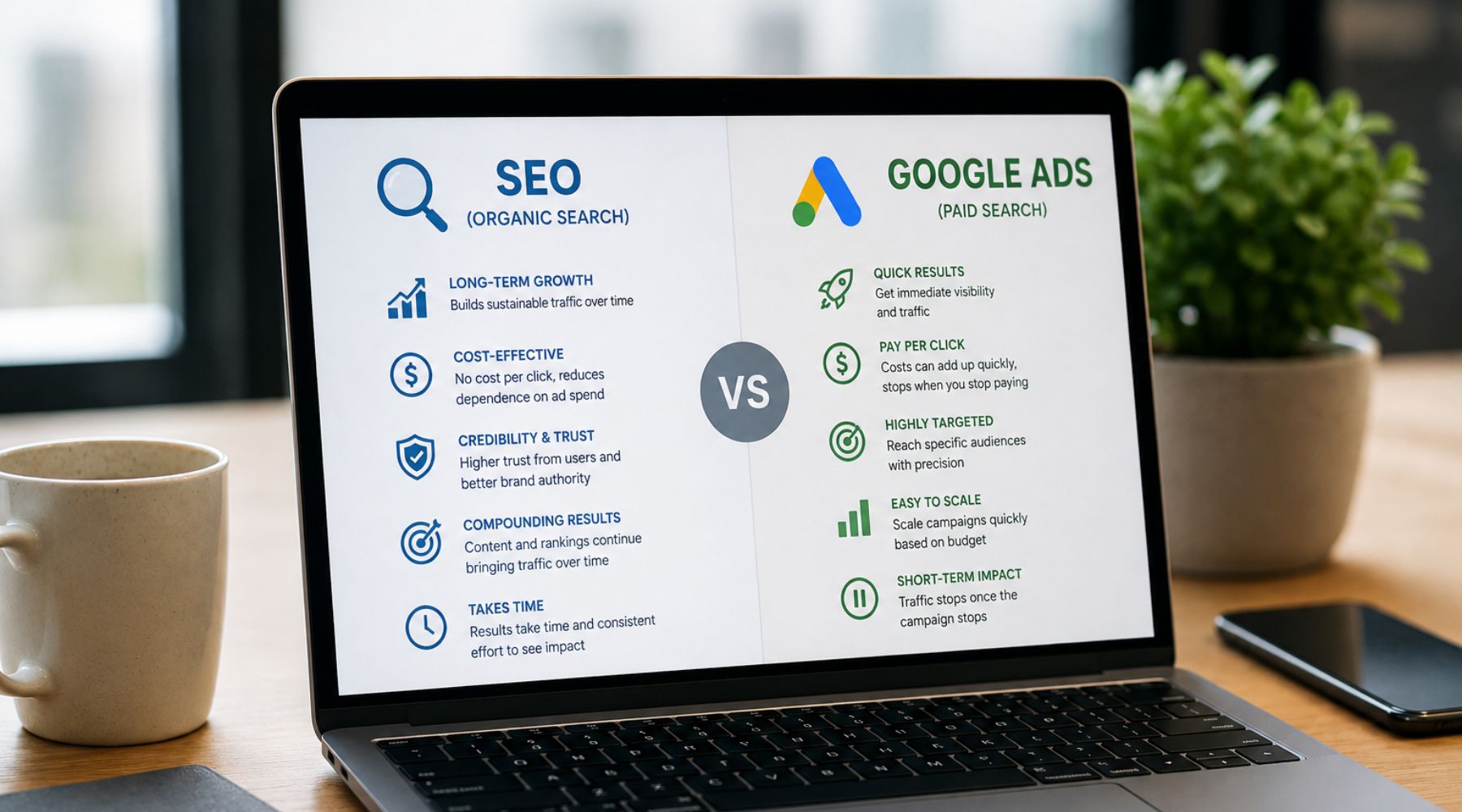 A laptop on the table, and SEO vs Google Ads on laptop screen