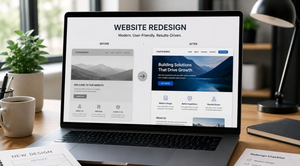 Modern workspace with website redesign mockup