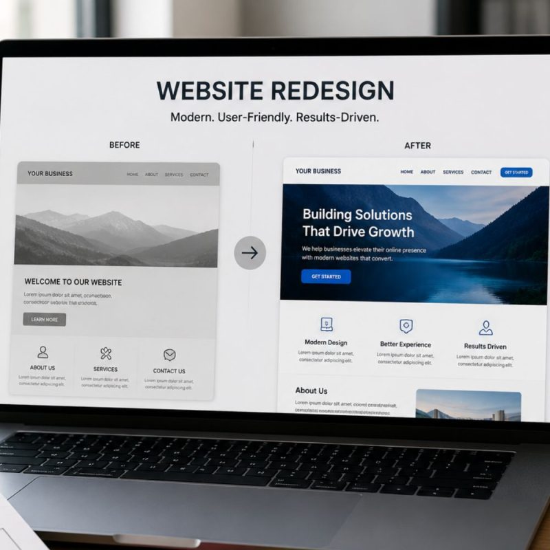 Modern workspace with website redesign mockup