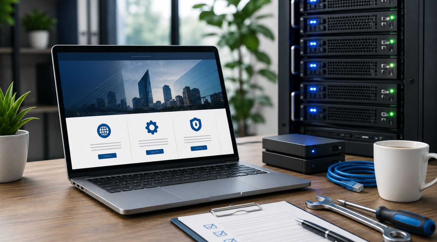 Modern workspace with laptop displaying a business website beside server equipment, representing website hosting and maintenance services