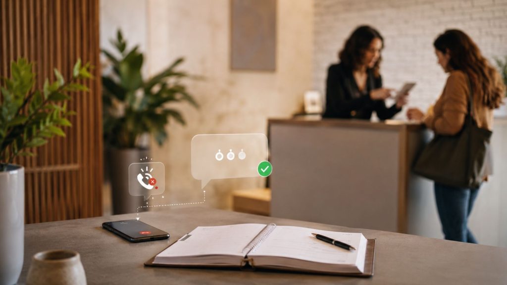 Small business reception desk showing a missed call followed by an automated text response