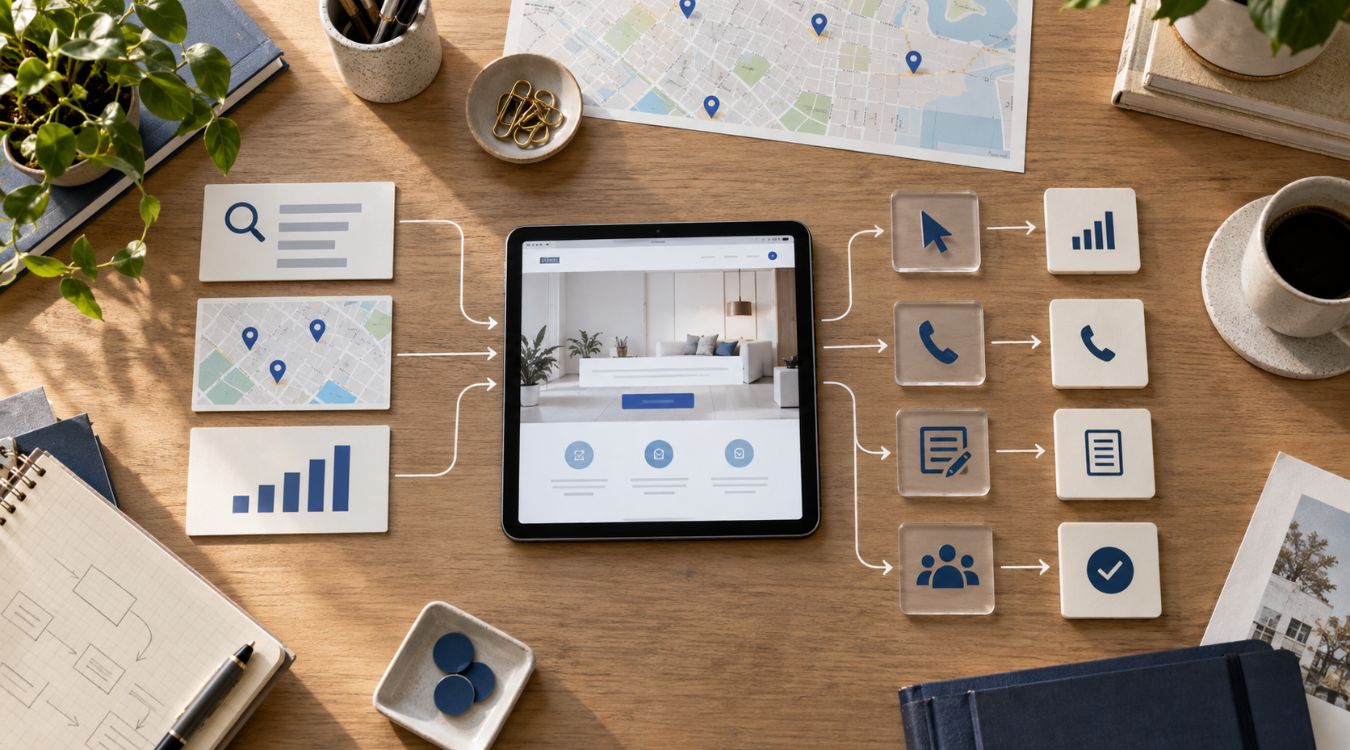 PPC campaign strategy connecting keywords, local targeting, website visits and lead conversions