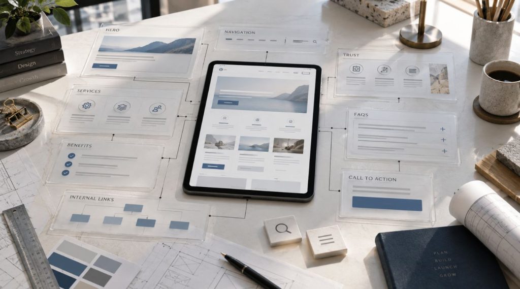 SEO service page planned with content, search optimization and lead generation elements